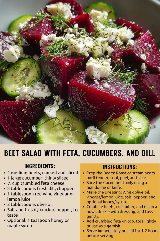 Beet salad with crumbled feta, cucumber slices, and fresh dill in a bowl