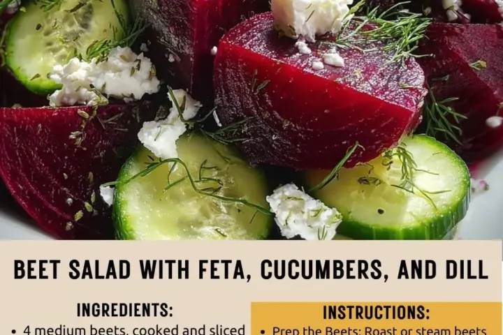 Beet salad with crumbled feta, cucumber slices, and fresh dill in a bowl