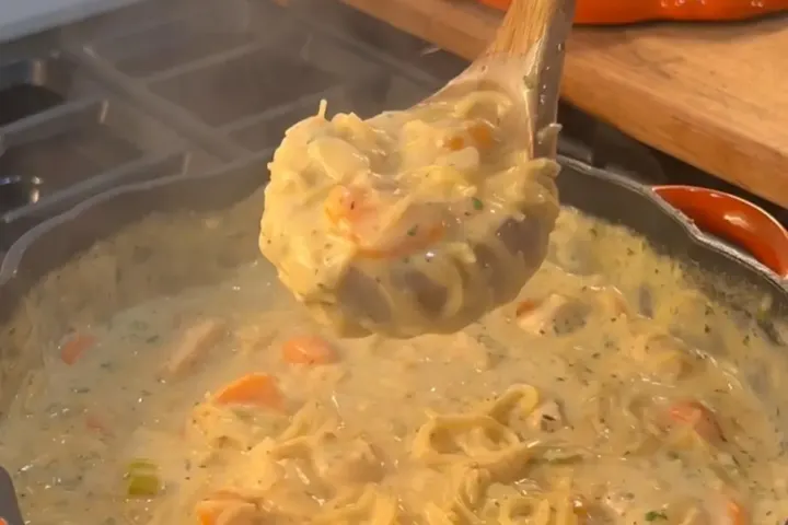 Wooden spoon lifting creamy chicken noodle soup with noodles and vegetables from a pot