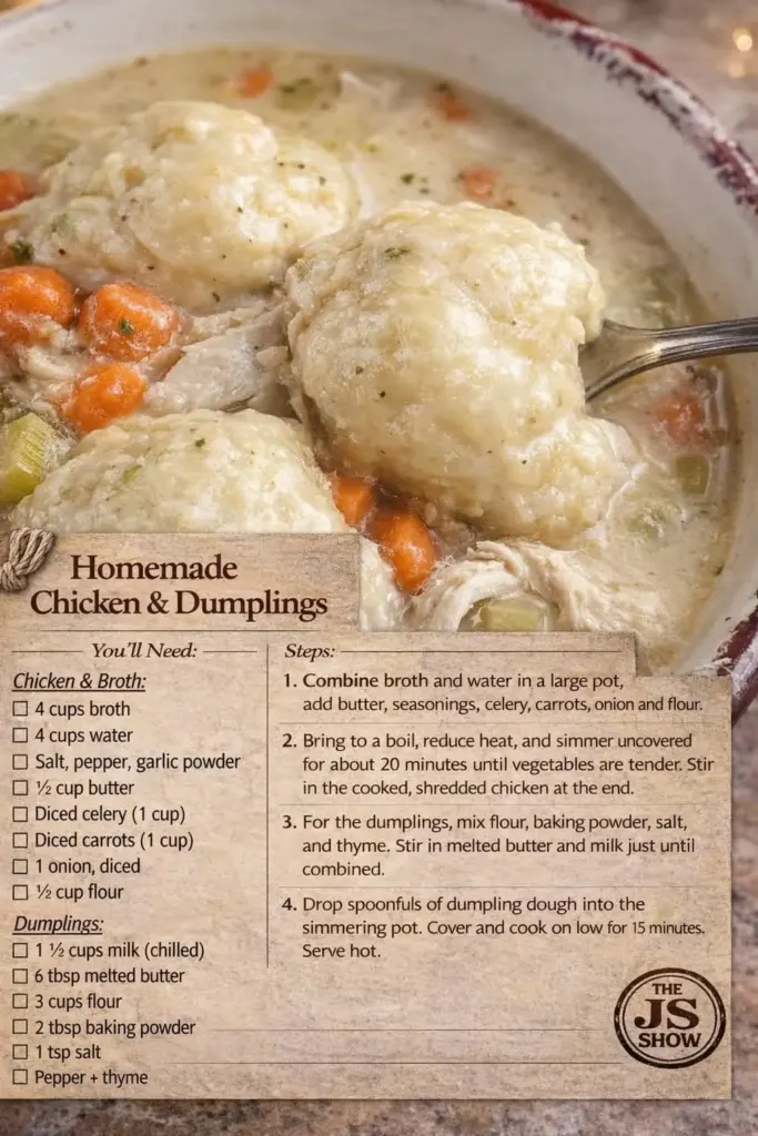 Bowl of creamy chicken and dumplings soup with fluffy dumplings and vegetables