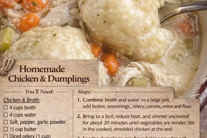 Bowl of creamy chicken and dumplings soup with fluffy dumplings and vegetables