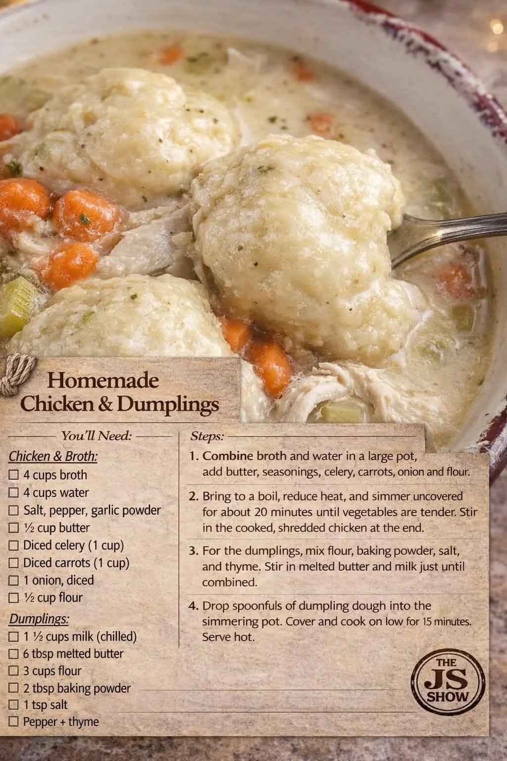 Bowl of creamy chicken and dumplings soup with fluffy dumplings and vegetables