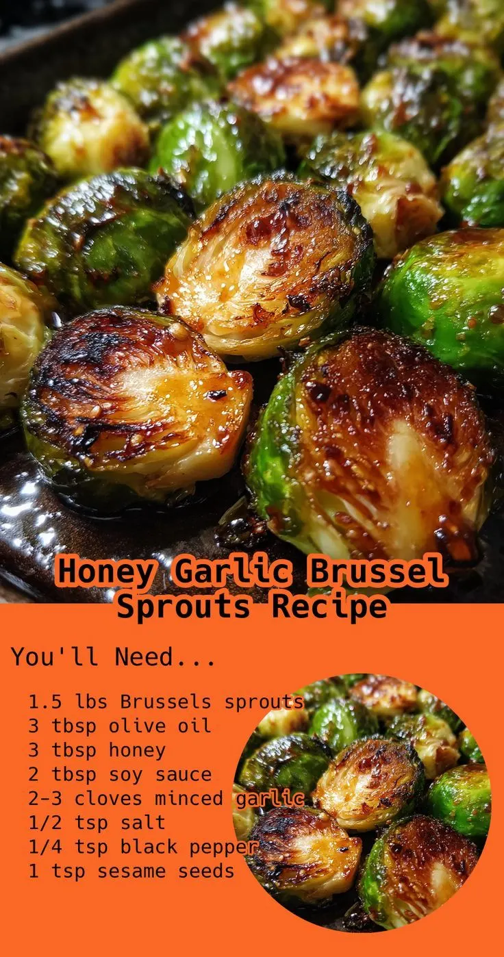 Caramelized honey garlic roasted Brussels sprouts in a bowl with sesame seeds and garlic pieces