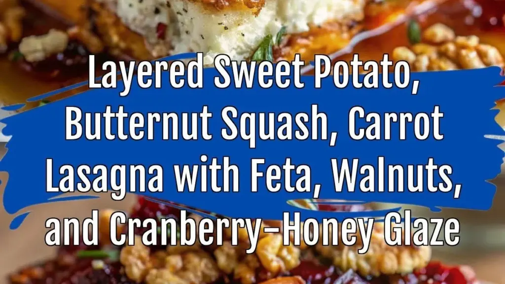 Layered sweet potato lasagna with ricotta, cranberries, and walnuts in a baking dish