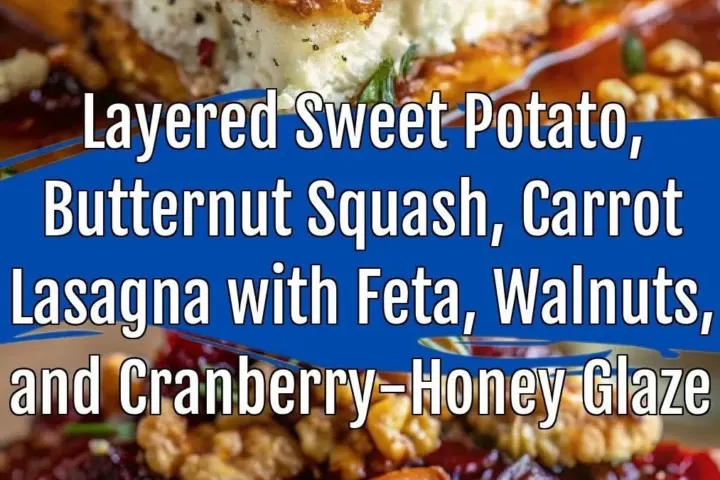 Layered sweet potato lasagna with ricotta, cranberries, and walnuts in a baking dish