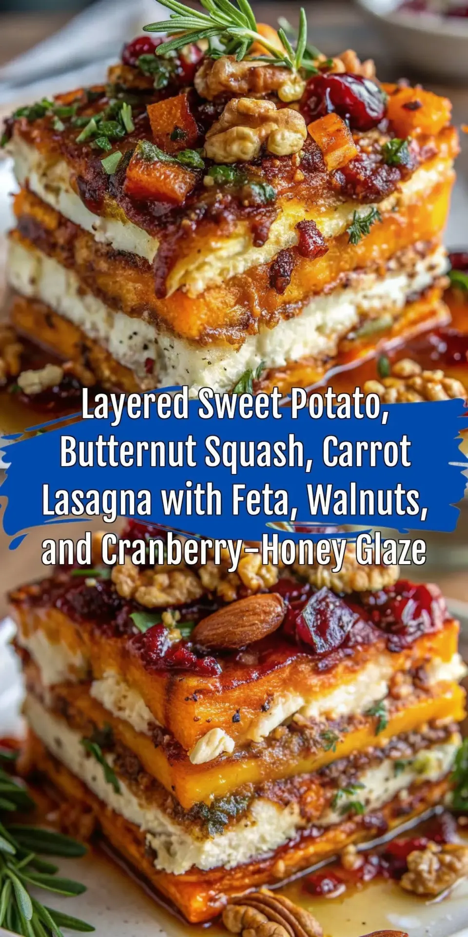 Layered sweet potato lasagna with ricotta, cranberries, and walnuts in a baking dish