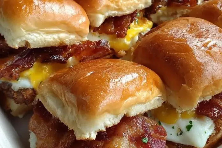 Bacon, egg and cheese sliders with creamy sauce on a baking sheet