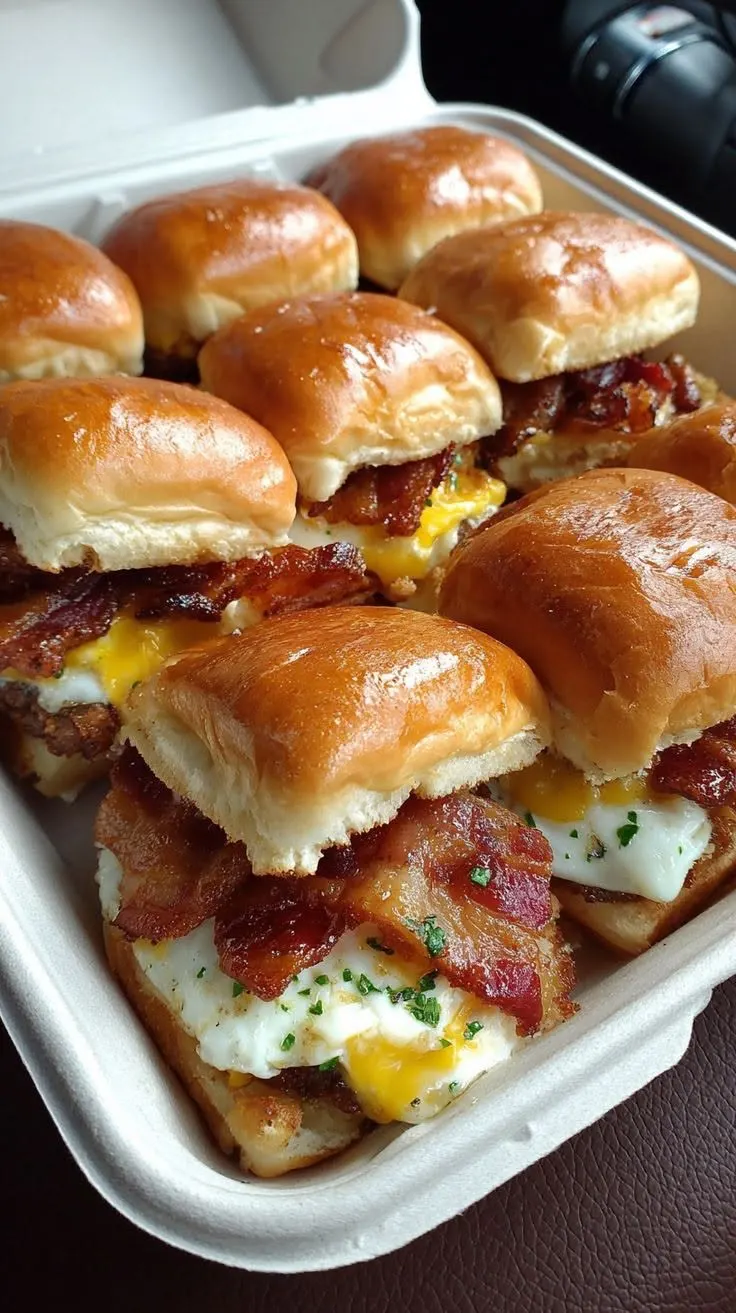 Bacon, egg and cheese sliders with creamy sauce on a baking sheet