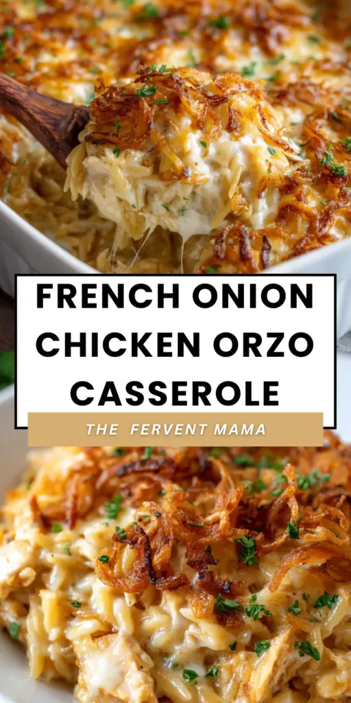 French Onion Chicken Orzo Casserole in a skillet with melted cheese on top