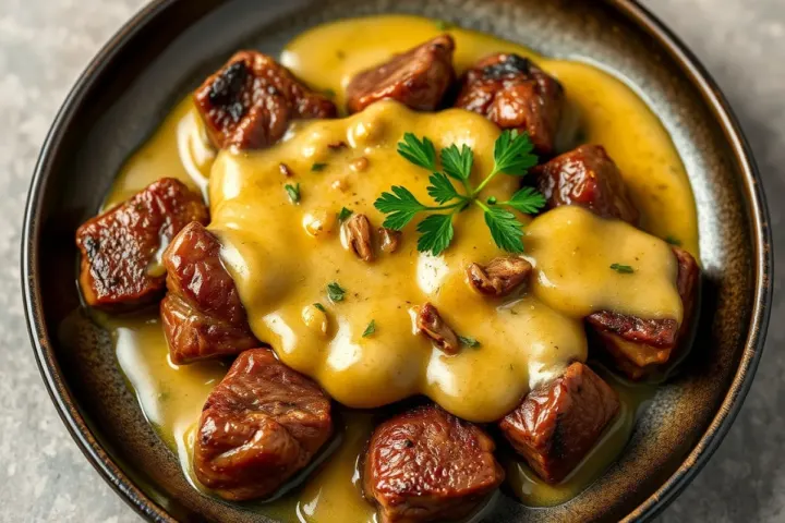 Tender seasoned steak bites in a luscious garlic butter sauce, freshly made and ready to serve