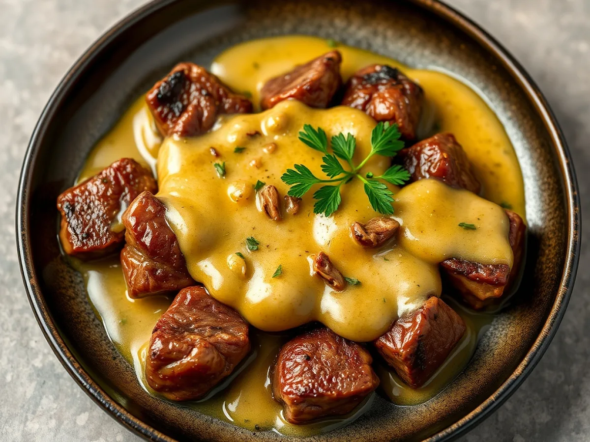 Tender seasoned steak bites in a luscious garlic butter sauce, freshly made and ready to serve