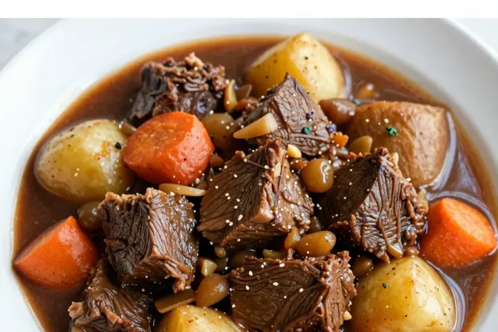 Red Wine-Braised Beef Stew with Potatoes and Carrots recipe, freshly made and ready to serve