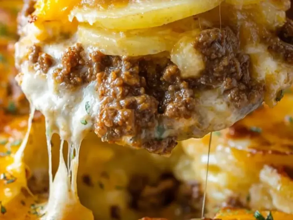 Easy & Tasty CHEESY HAMBURGER POTATO CASSEROLE, freshly made and ready to serve