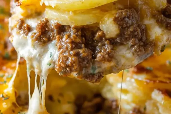 Easy & Tasty CHEESY HAMBURGER POTATO CASSEROLE, freshly made and ready to serve