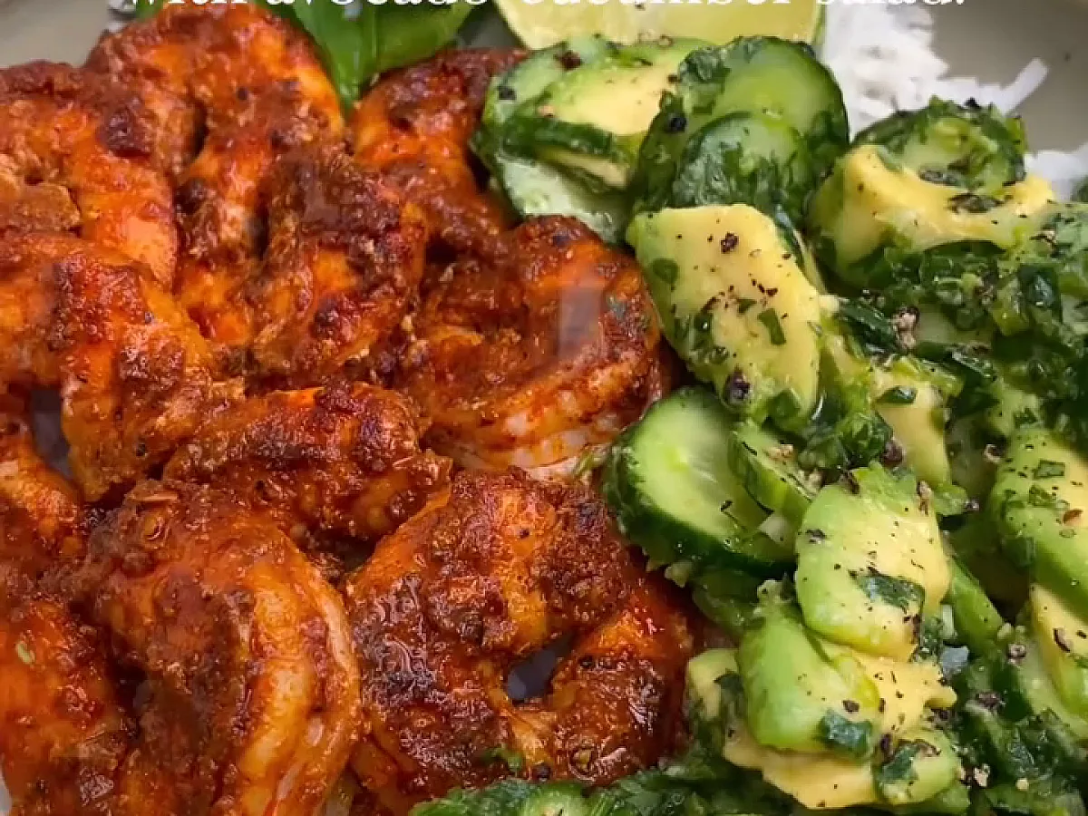 Chili Lime Shrimp Bowls with avocado cucumber salad, freshly made and ready to serve