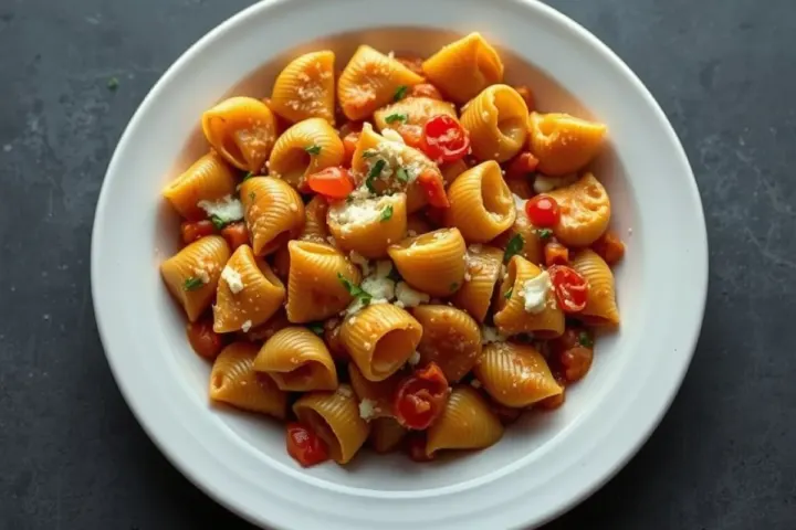 cozy skillet of pasta shells coated in a rich, cheesy sauce, freshly made and ready to serve