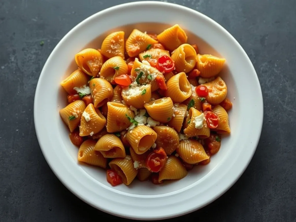 cozy skillet of pasta shells coated in a rich, cheesy sauce, freshly made and ready to serve
