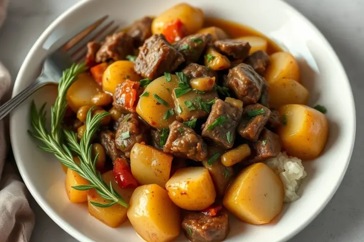 Cozy up to this Crockpot Italian Garlic Butter Beef & Potatoes, freshly made and ready to serve
