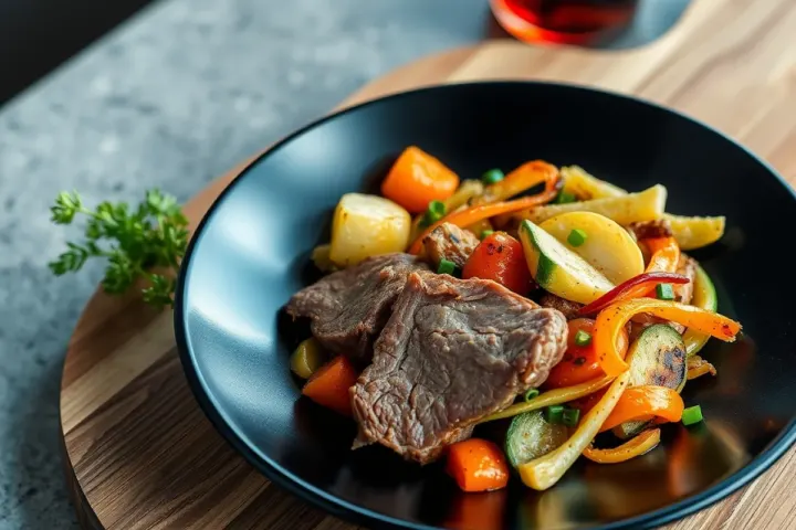 Black plate with vegetables and meat, freshly made and ready to serve
