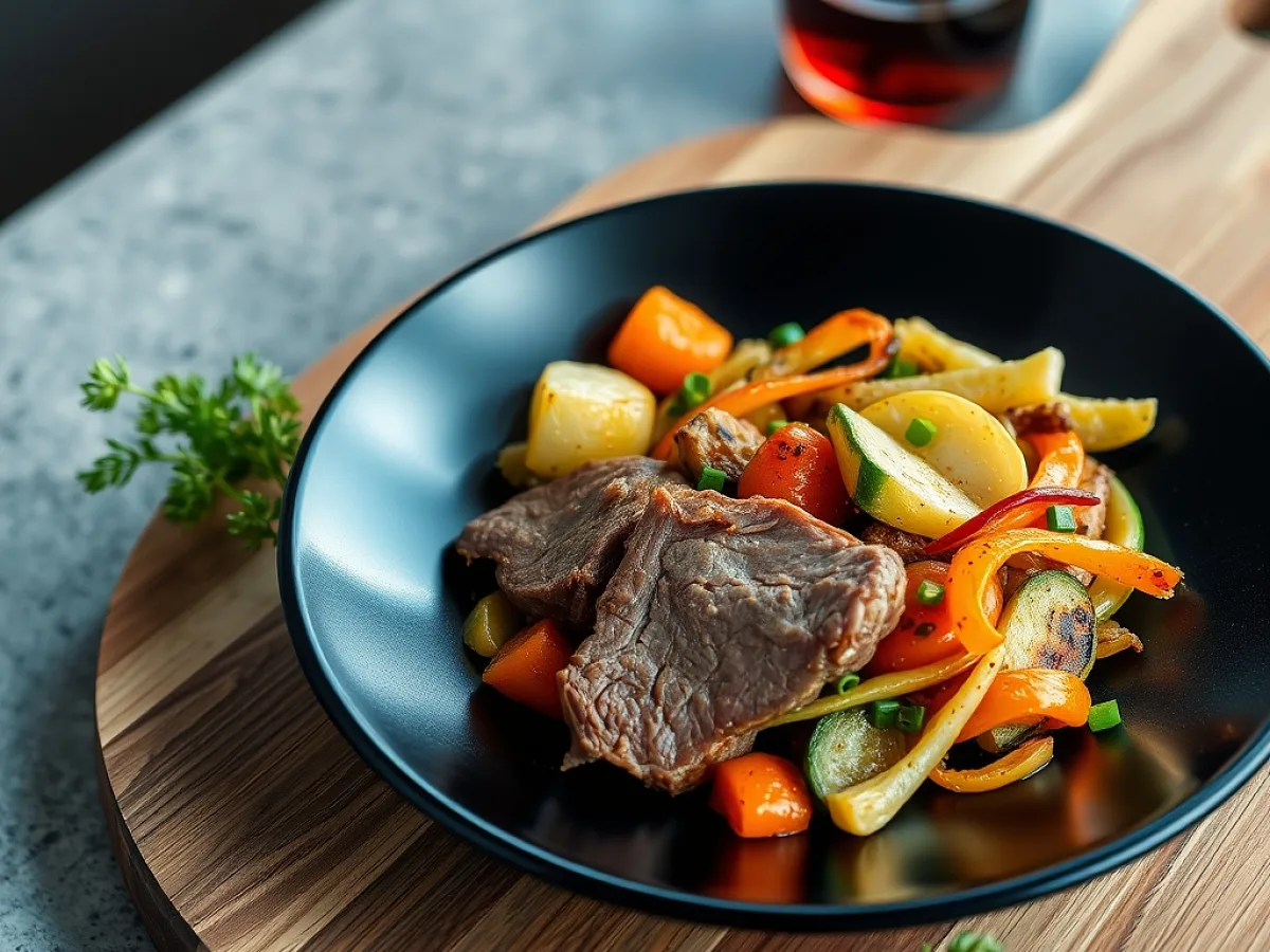 Black plate with vegetables and meat, freshly made and ready to serve