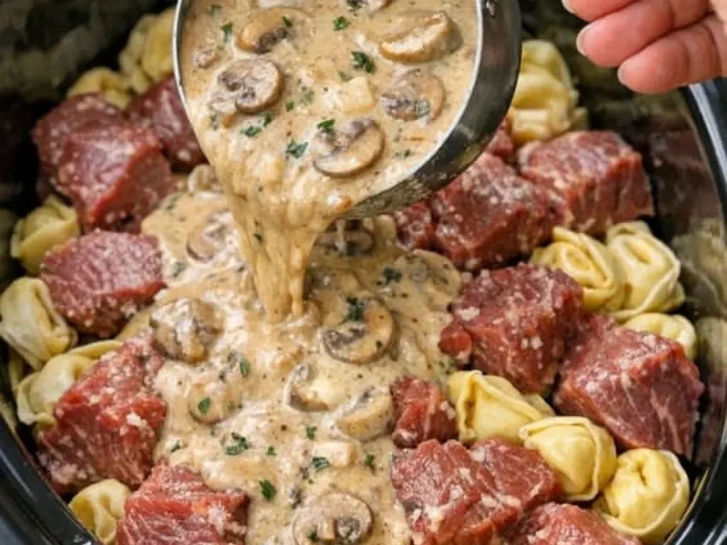 slow cooker creamy Marsala beef tortellini, freshly made and ready to serve