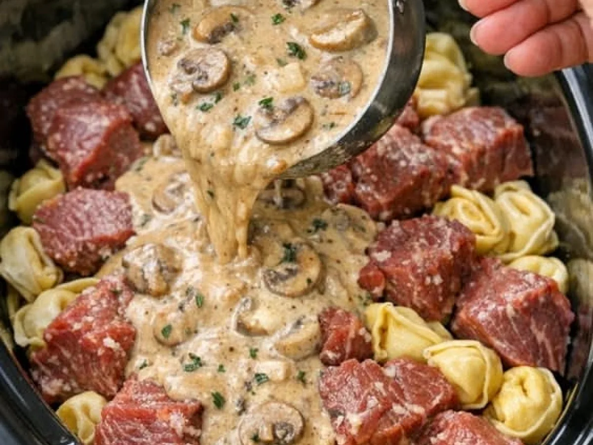 slow cooker creamy Marsala beef tortellini, freshly made and ready to serve